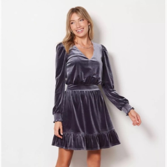 Evereve Dresses & Skirts - Evereve Slate Blue Velvet Smocked Ruffle Long Sleeve Dress Womens Medium
